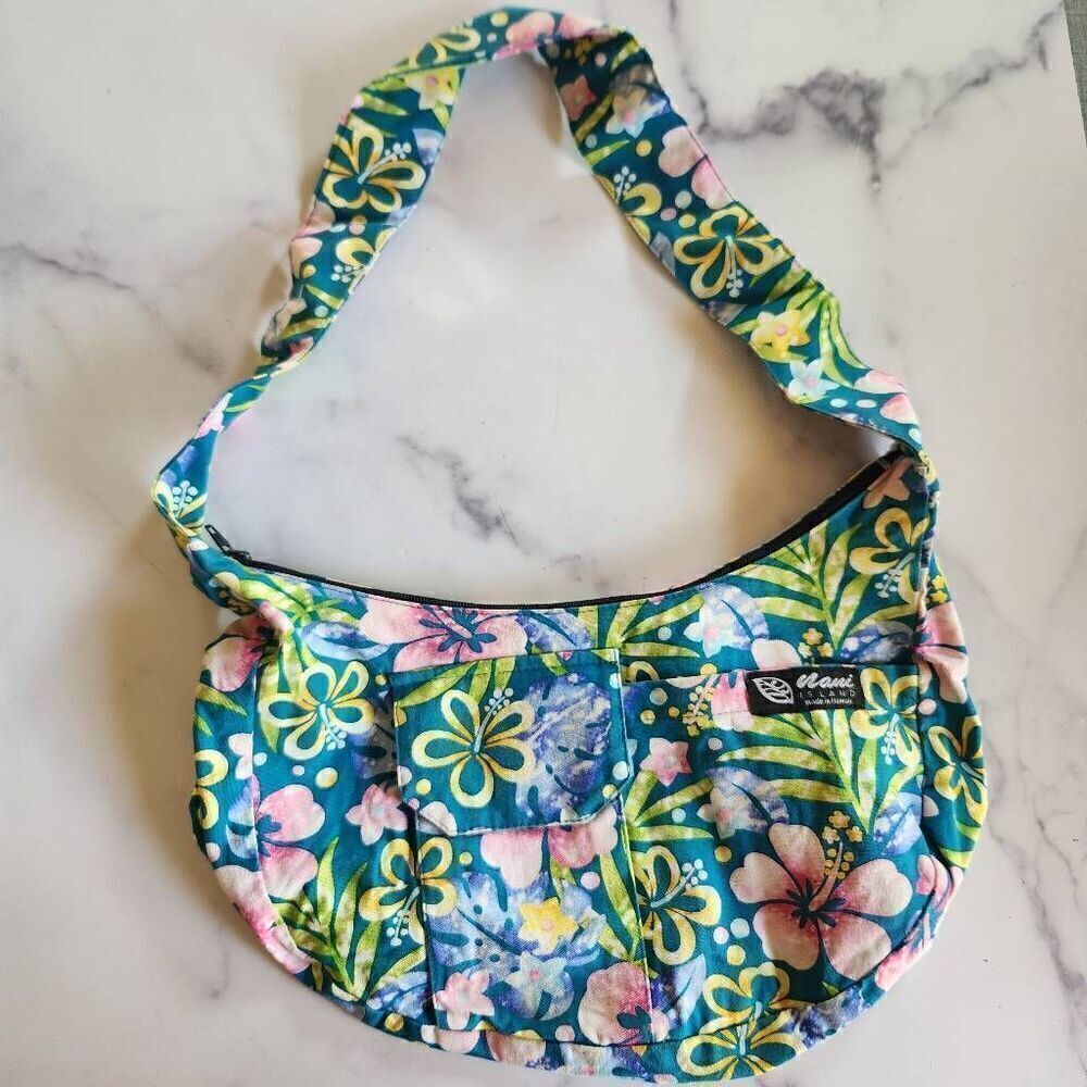 Maui Island Y2K blue pink hibiscus tropical floral shoulder bag purse